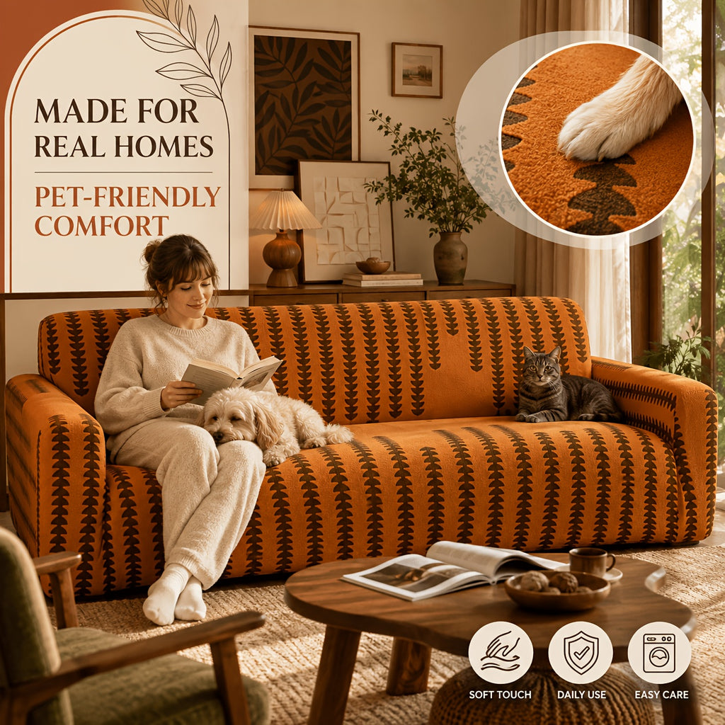 Housse de canapé en polaire jacquard d'esprit bohème, détail de la finition