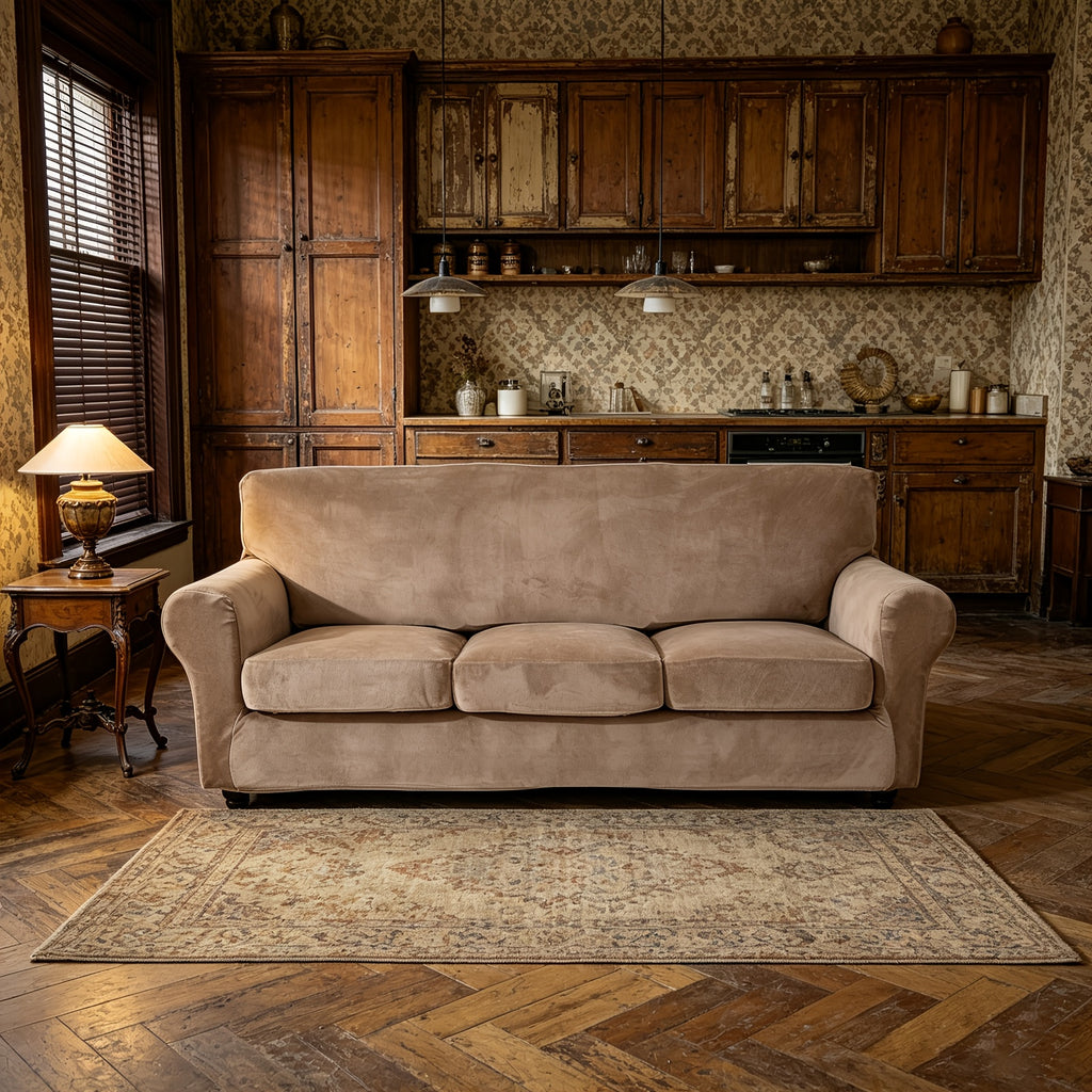Housse de canapé extensible en velours anti-griffes, vue de dos