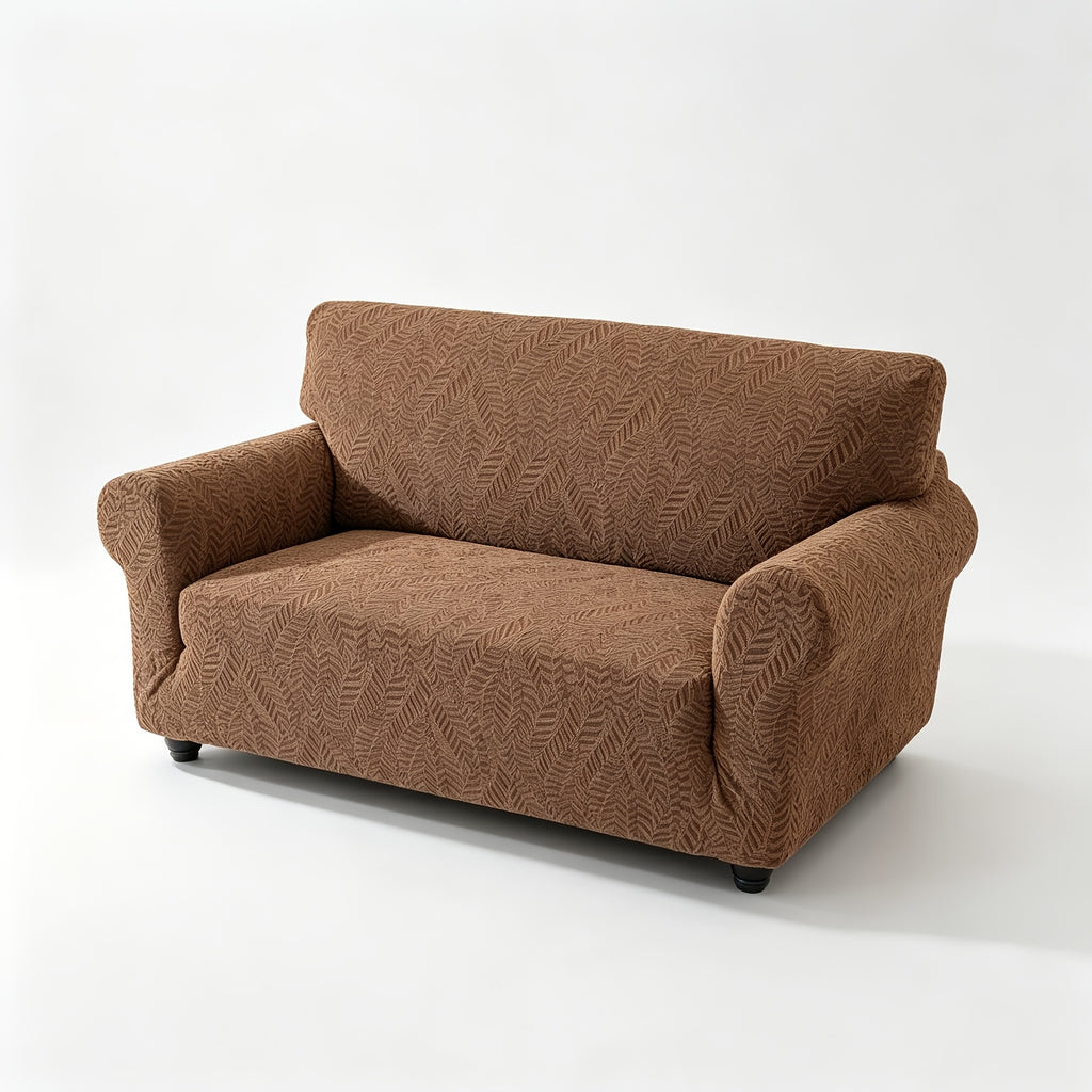 Housse de canapé extensible en polaire jacquard à motif feuillage anti-griffes, mise en situation