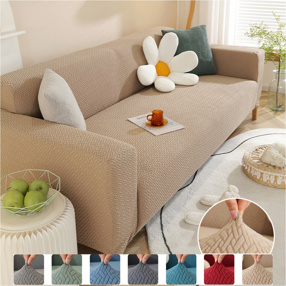 Housse de canapé épaisse extensible en polaire jacquard en T, détail de l'ourlet