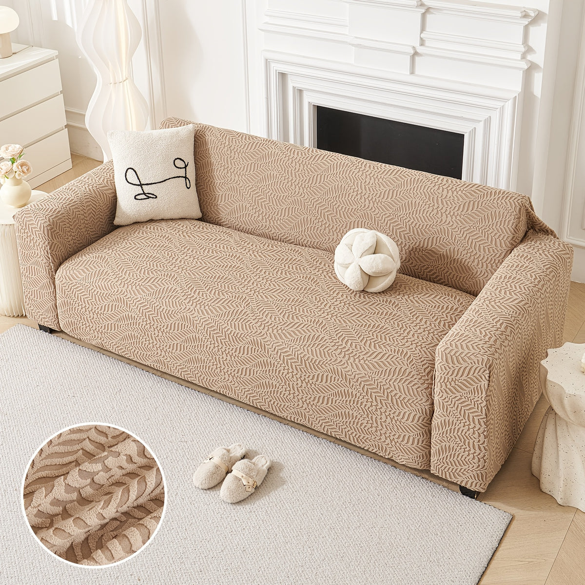 Housse de canapé extensible en polaire jacquard à motif feuillage, gros plan sur le tissu