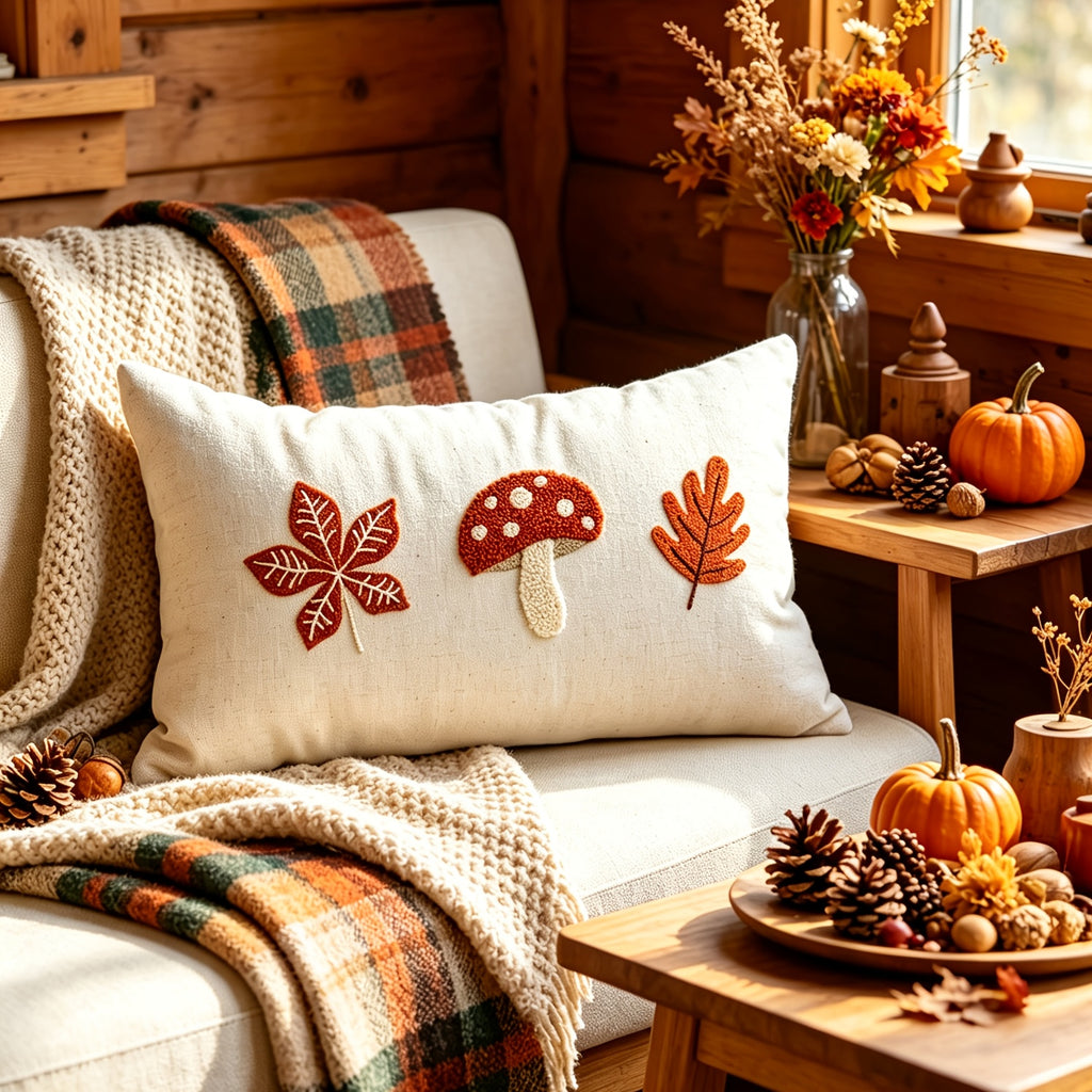 Housse de coussin en polyester à motif feuillage, mise en situation