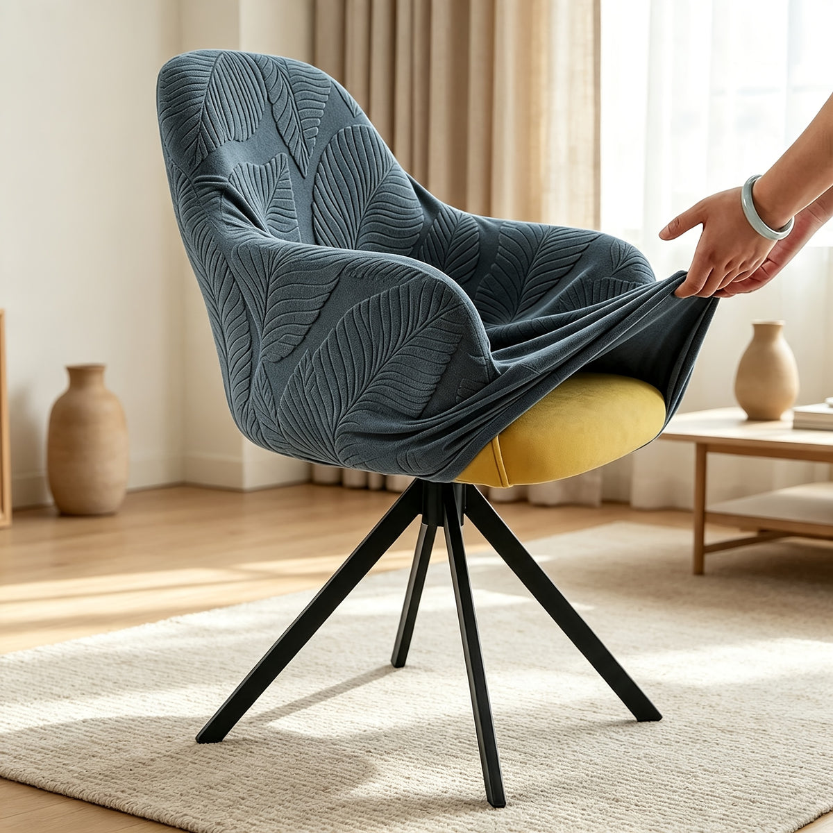 Housse de chaise extensible en polaire jacquard à motif feuillage, gros plan sur le tissu