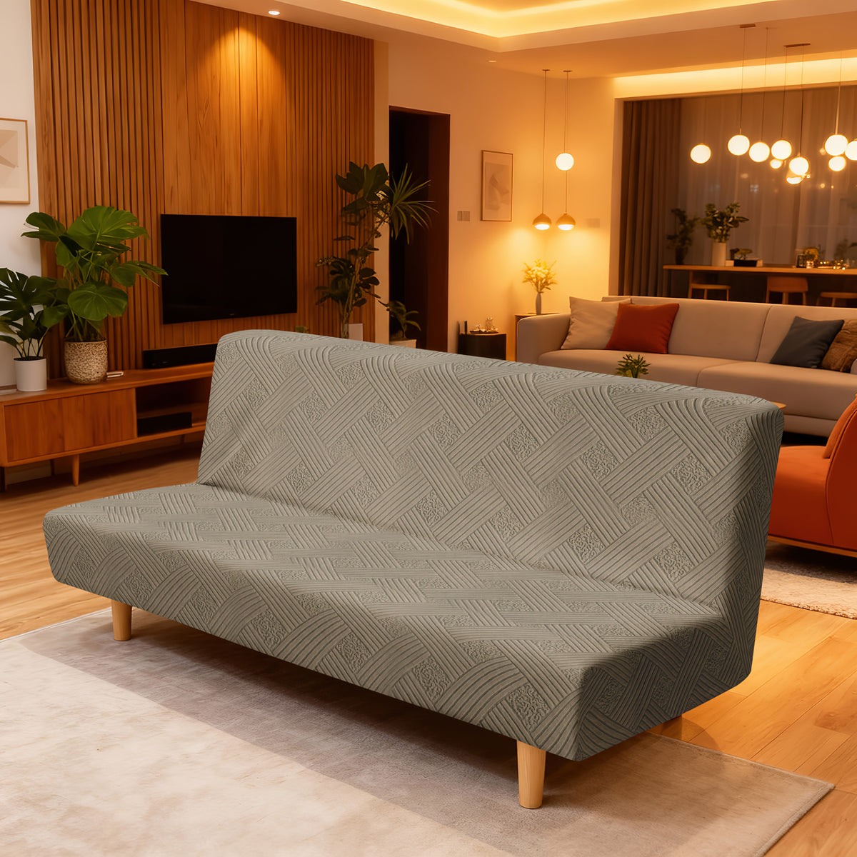 Housse de canapé épaisse extensible en polaire jacquard sans accoudoirs, vue d'ensemble