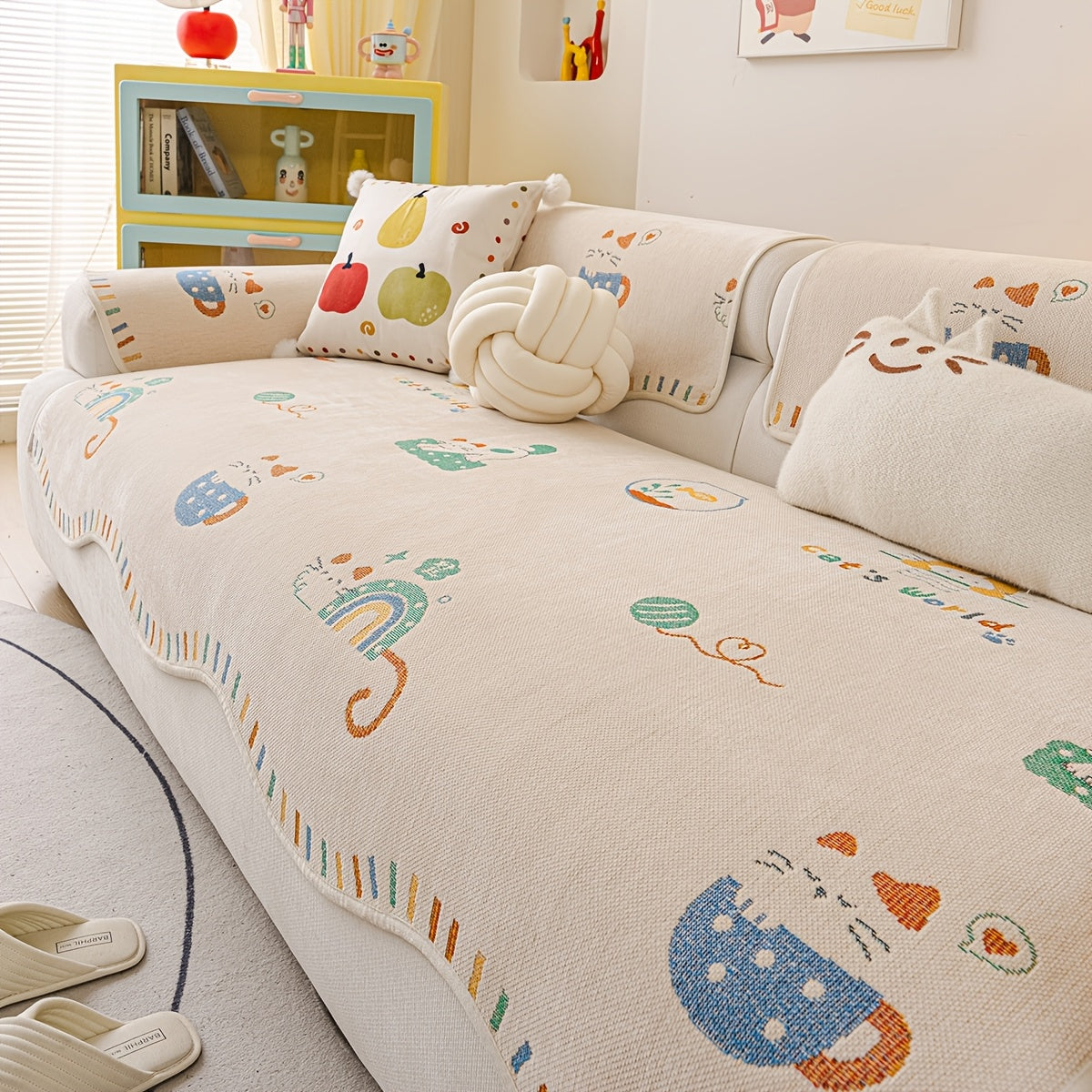 Housse de coussin en chenille jacquard à motif vagues antidérapante — détail de la matière : chenille