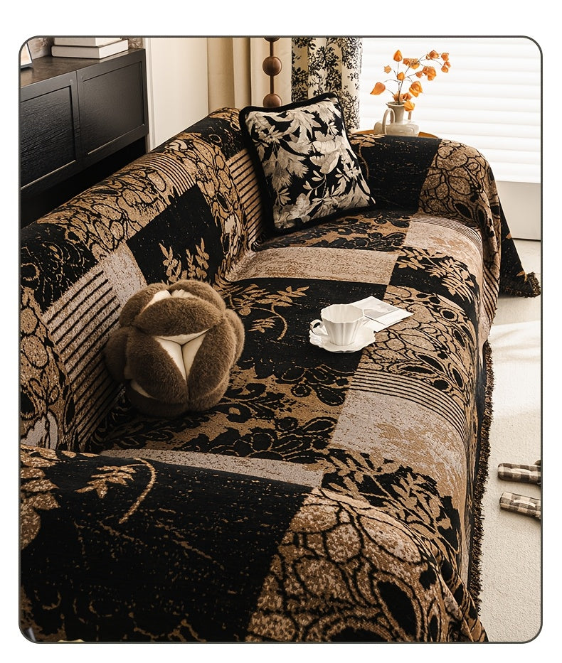 Housse de canapé épaisse en chenille jacquard d'esprit bohème, mise en situation