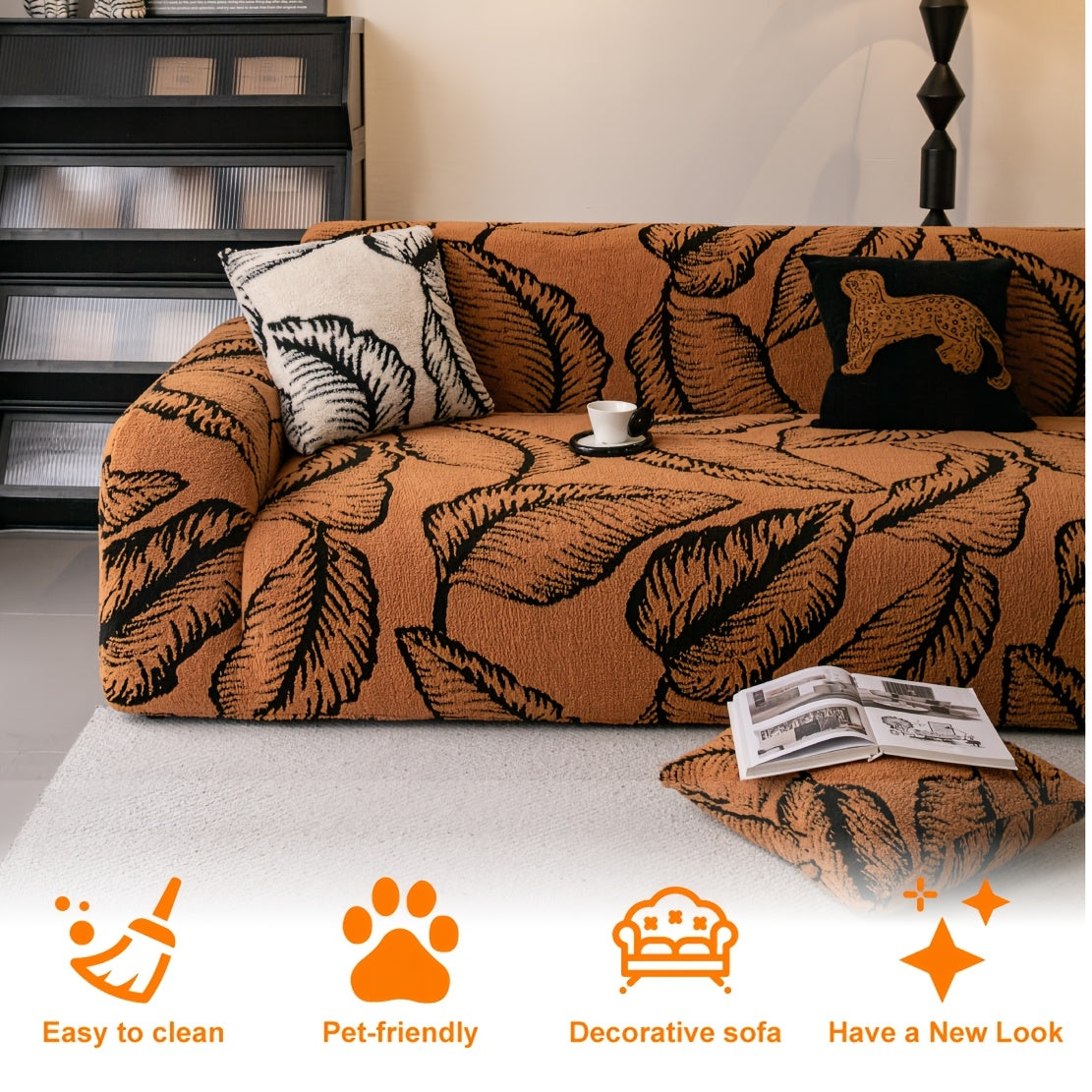 Housse de canapé extensible en peluche à motif feuillage, gros plan sur le tissu