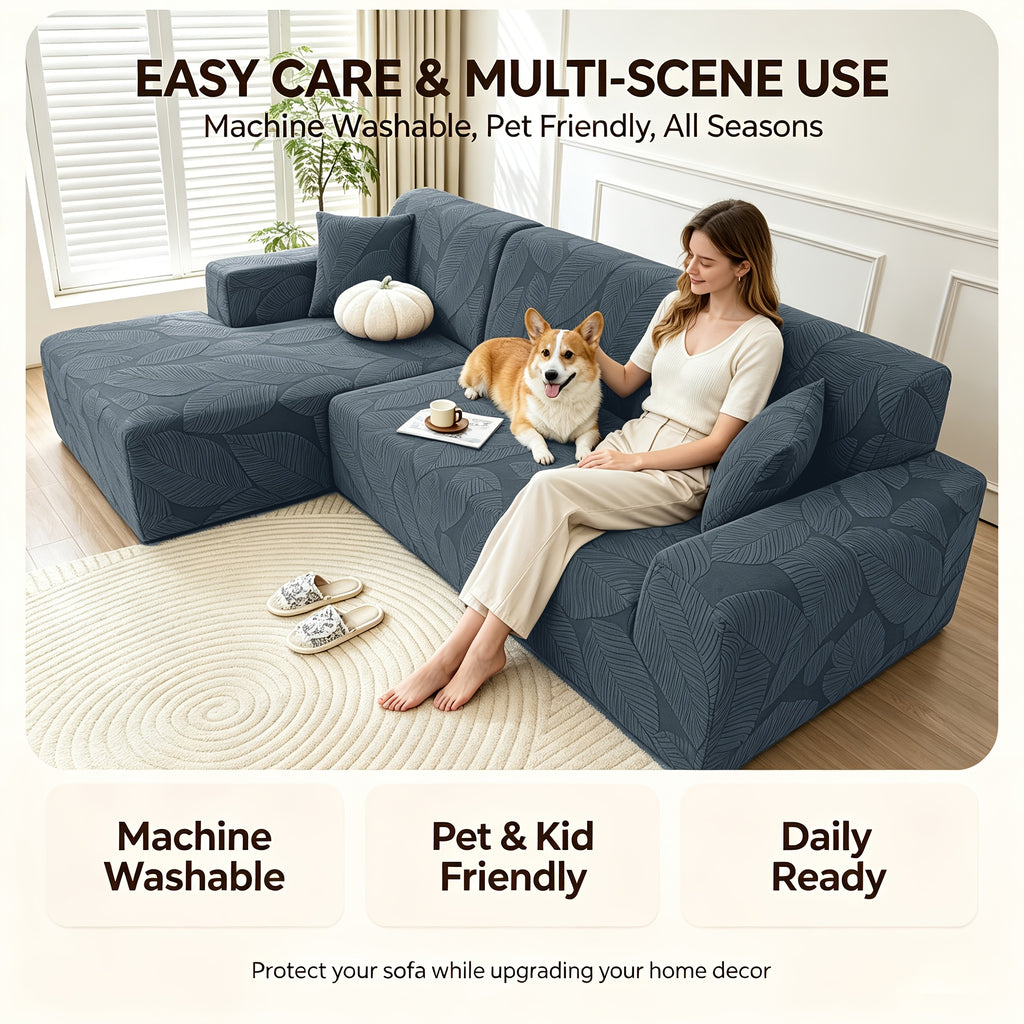 Housse de canapé extensible en polaire jacquard à motif feuillage au rendu, visuel produit