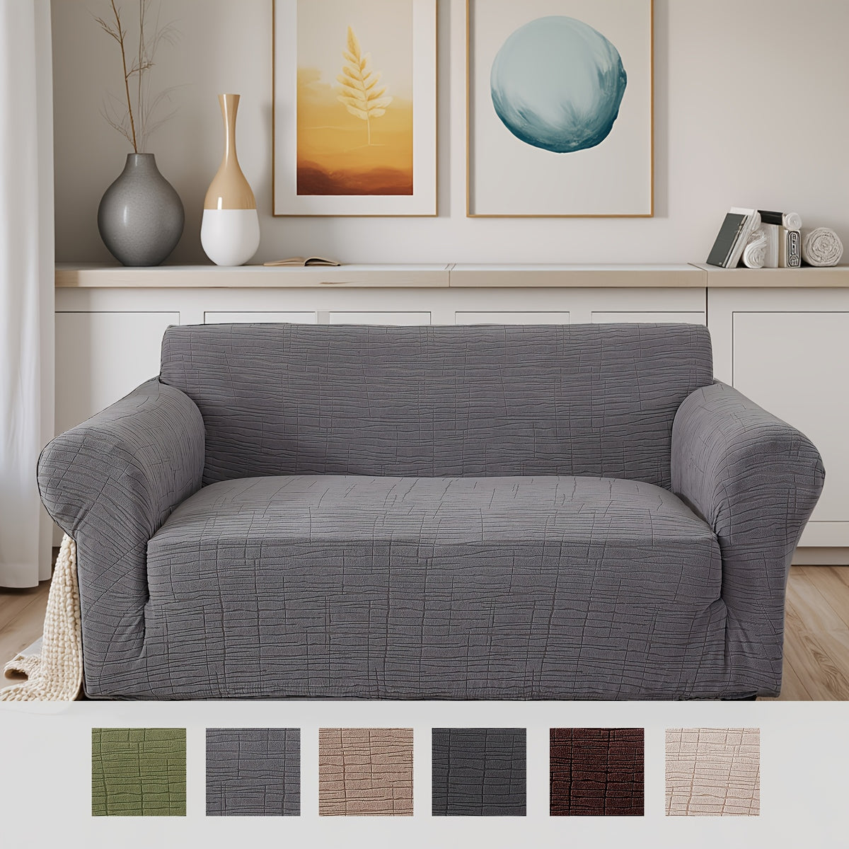 Housse de canapé épaisse extensible en polaire jacquard à rayures, mise en situation