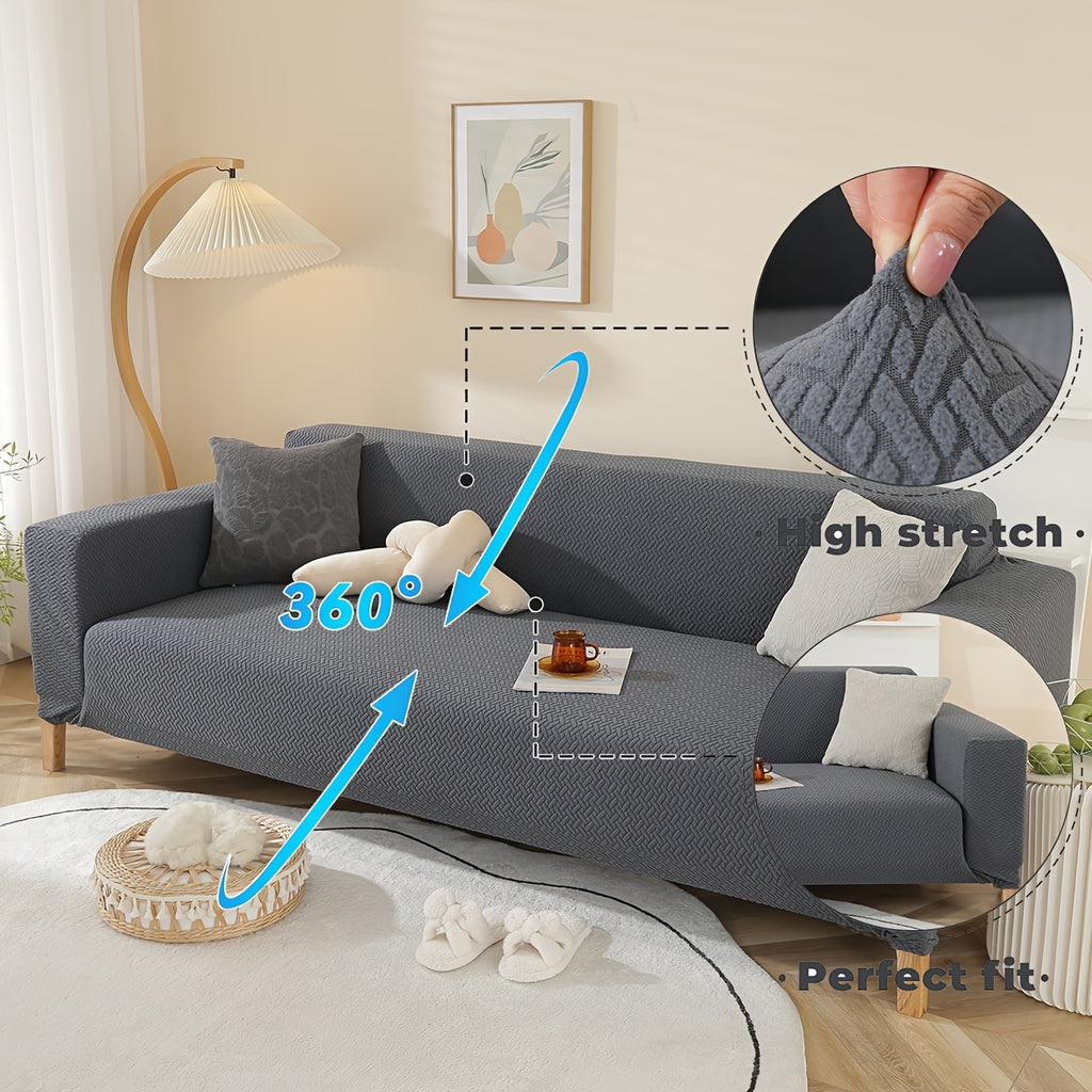 Housse de canapé épaisse extensible en polaire jacquard en T, mise en situation
