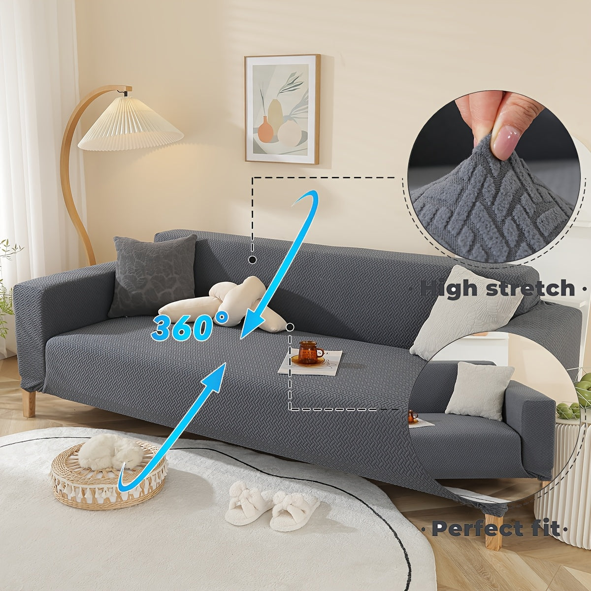 Housse de canapé épaisse extensible en polaire jacquard en T, mise en situation