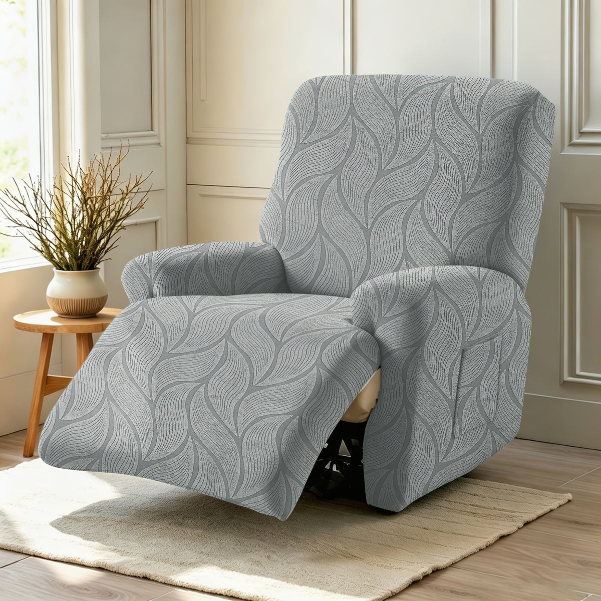Housse de canapé extensible en polaire jacquard à motif feuillage, mise en situation
