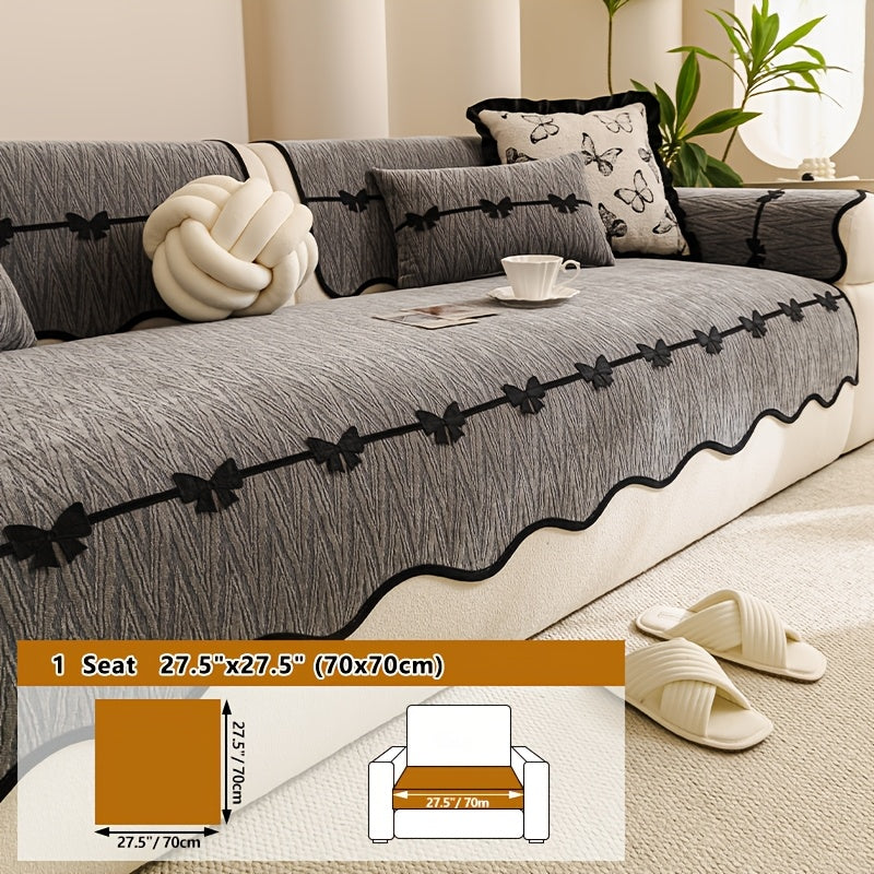 Housse de coussin en chenille en fils teints à motif vagues, détail de la finition