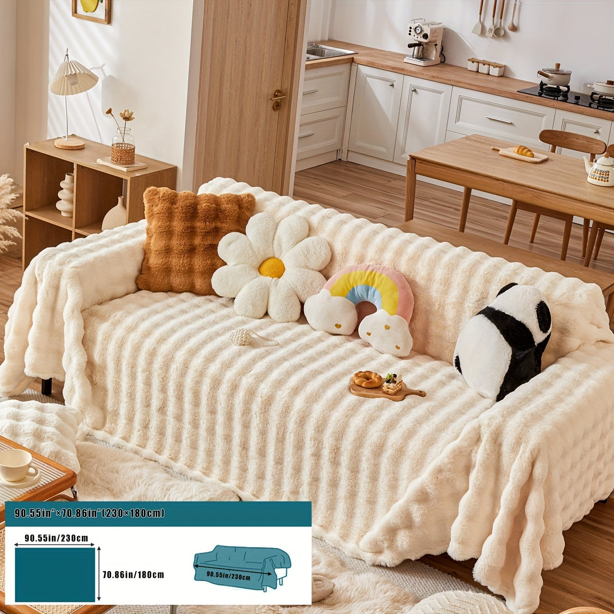 Housse de canapé en peluche, 8 coloris, détail de l'ourlet