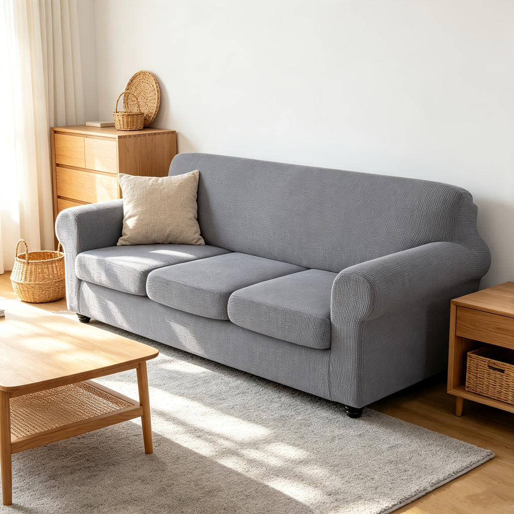 Housse de canapé extensible en velours côtelé à rayures, détail de la finition
