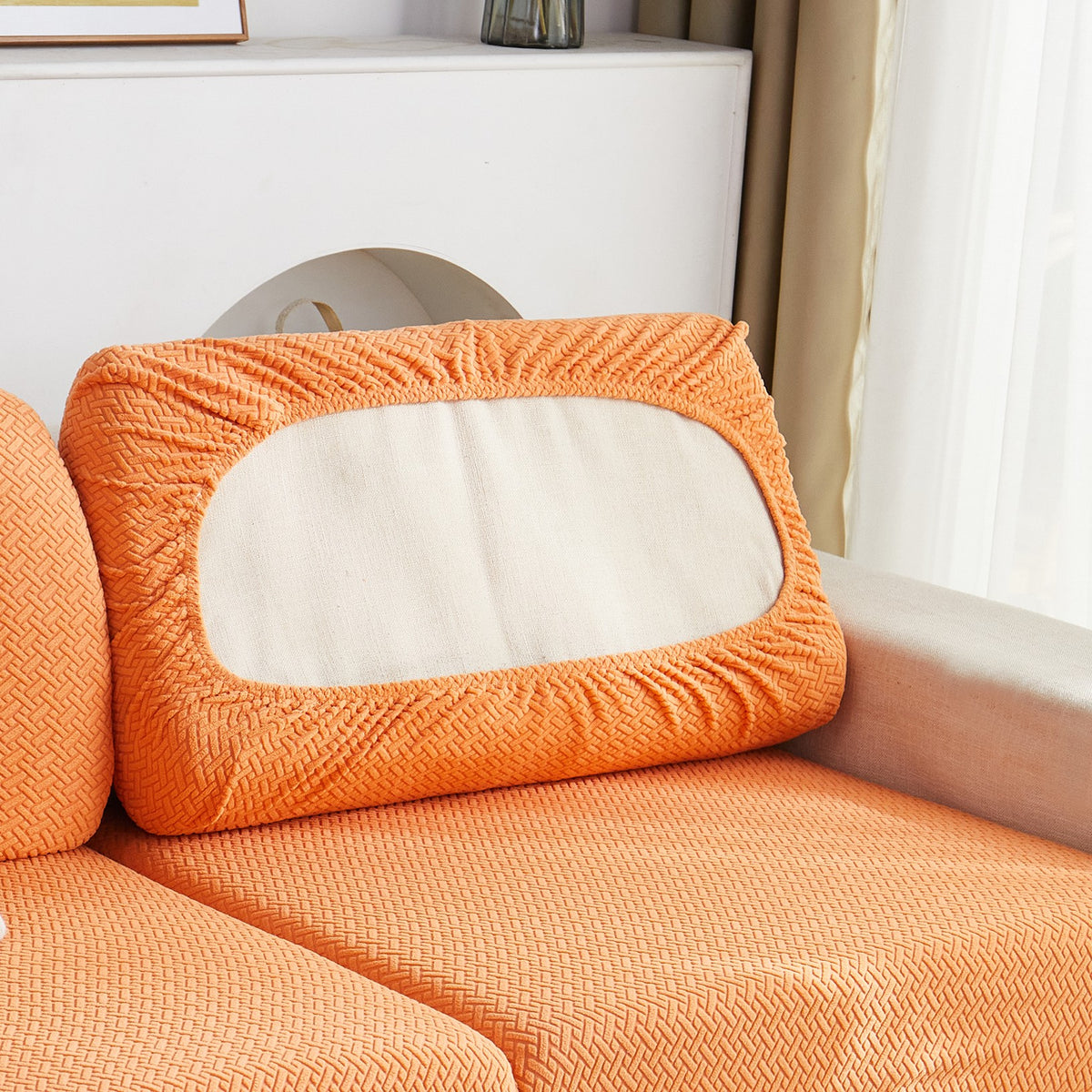 Housse de coussin extensible en polaire jacquard, mise en situation