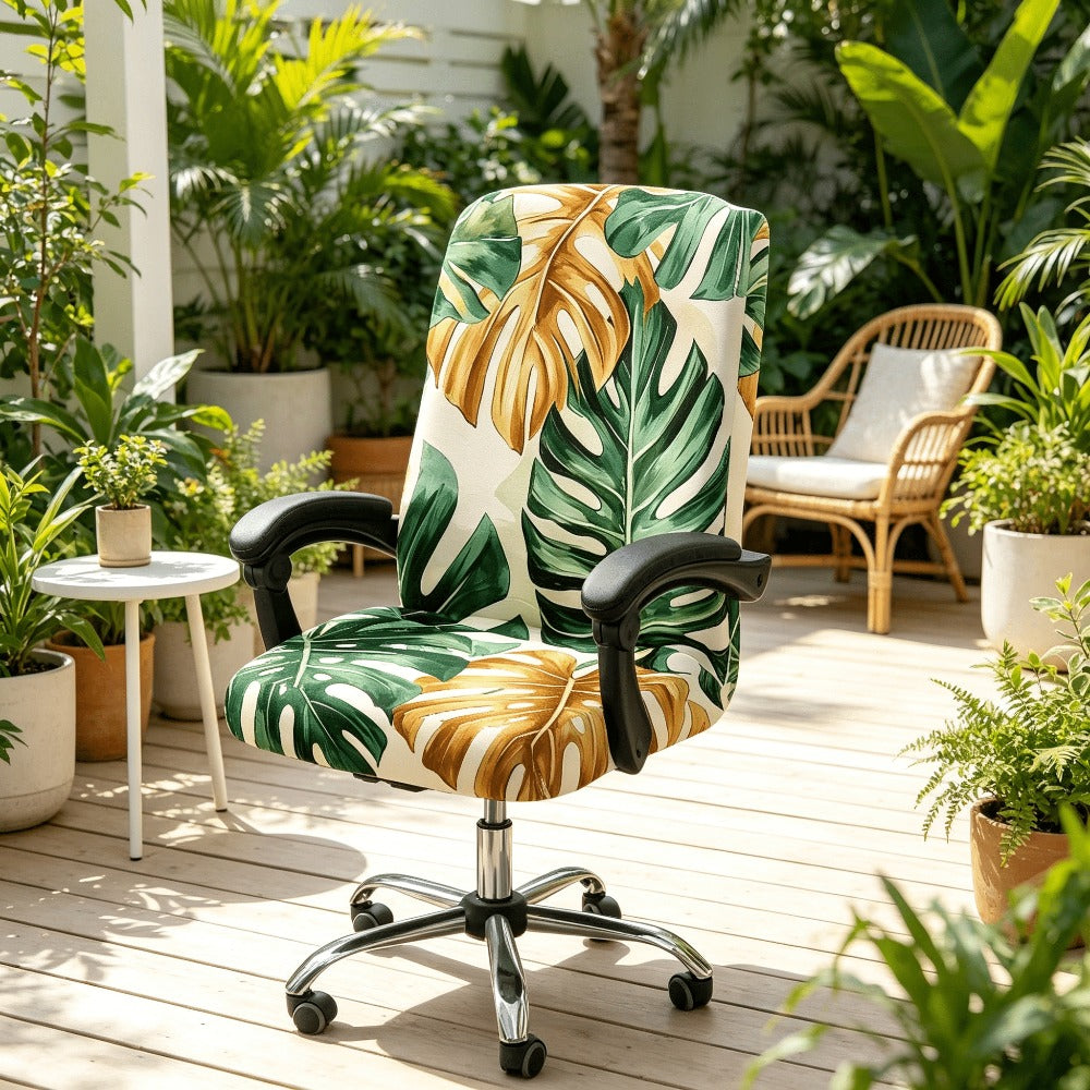 Housse de chaise extensible en fibre de lait matelassée à motif tropical, vue d'ensemble
