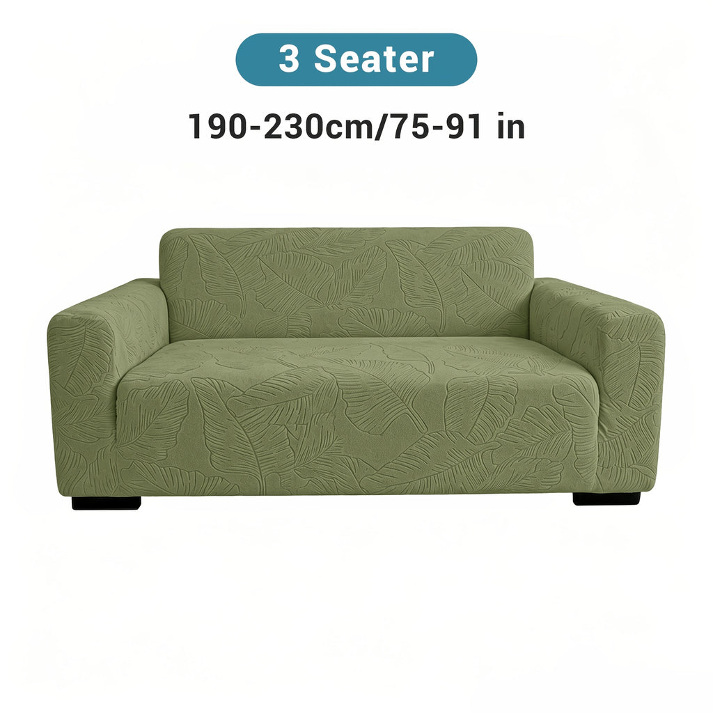 Housse de canapé extensible en polaire jacquard à motif feuillage, détail de l'ourlet