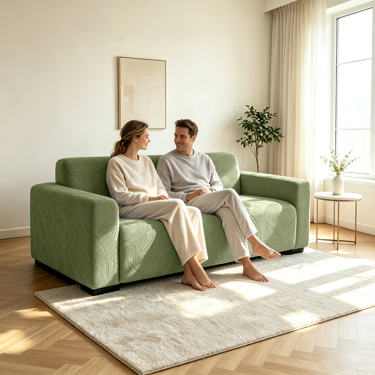 Housse de canapé extensible en polaire jacquard à motif feuillage, visuel produit