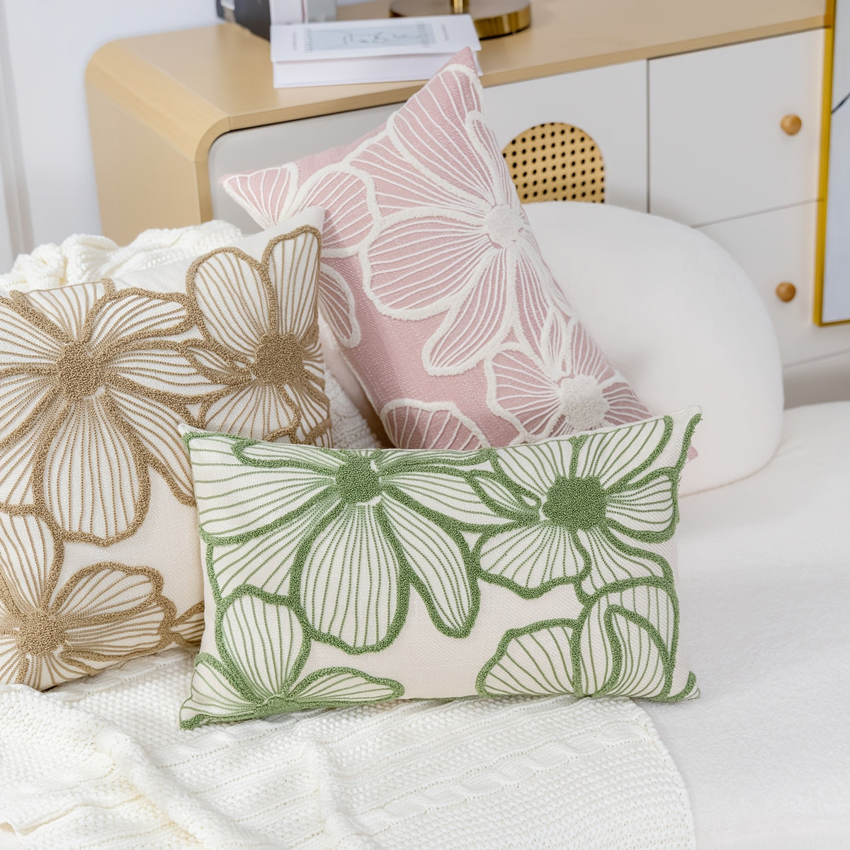 Housse de coussin en polyester à motif fleuri à fermeture éclair, housse posée
