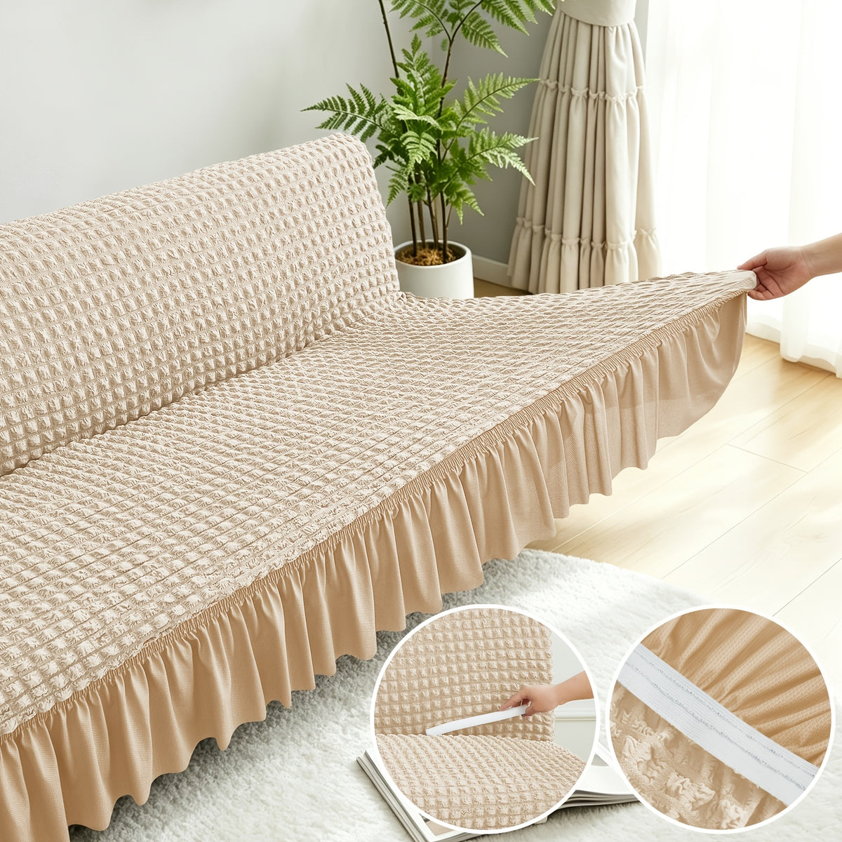 Housse de canapé extensible en jacquard à volants, tissu de 200 à 250 g/m²