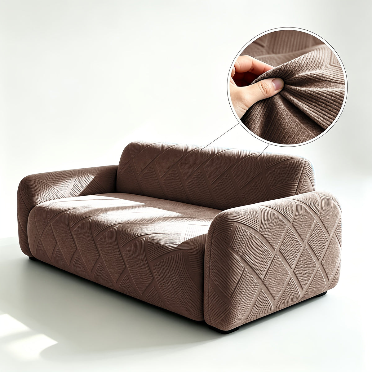 Housse de canapé extensible en polaire jacquard à rayures, mise en situation