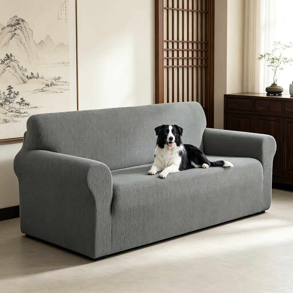 Housse de canapé extensible en polaire jacquard à rayures, détail de la finition