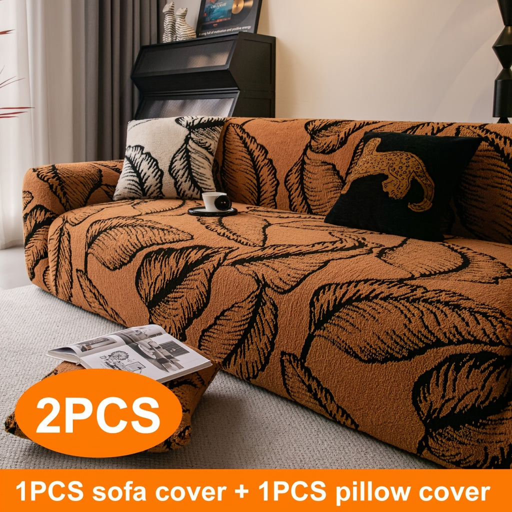 Housse de canapé extensible en peluche à motif feuillage, housse posée