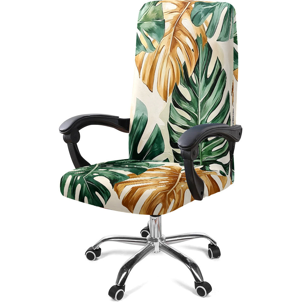 Housse de chaise extensible en fibre de lait matelassée à motif tropical, mise en situation