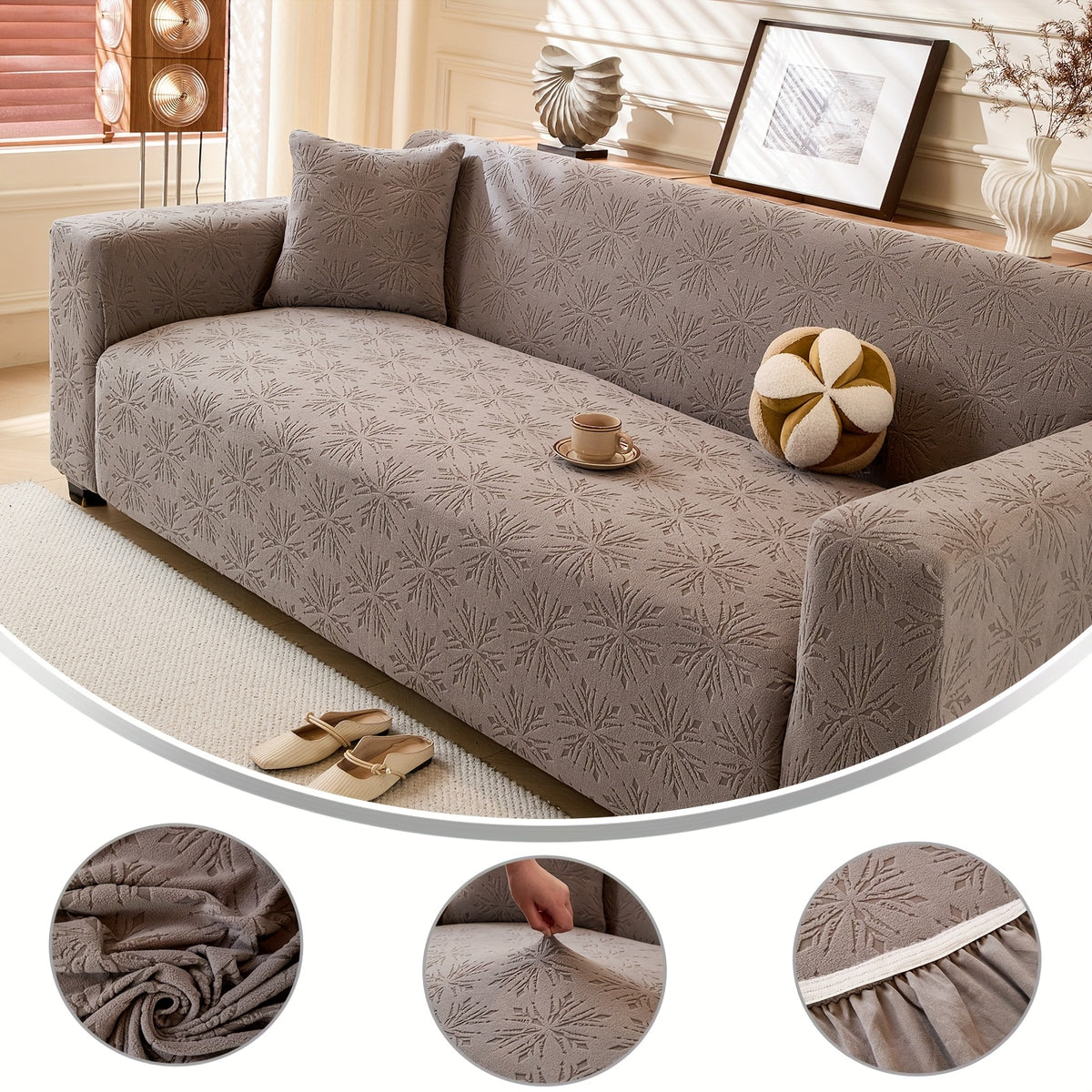 Housse de canapé extensible en polaire jacquard antidérapante d'esprit bohème, mise en situation