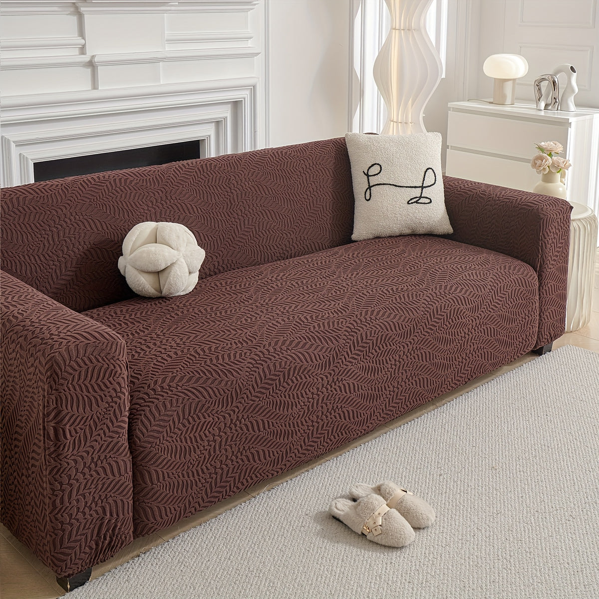 Housse de canapé épaisse extensible en polaire jacquard anti-griffes, vue de dos