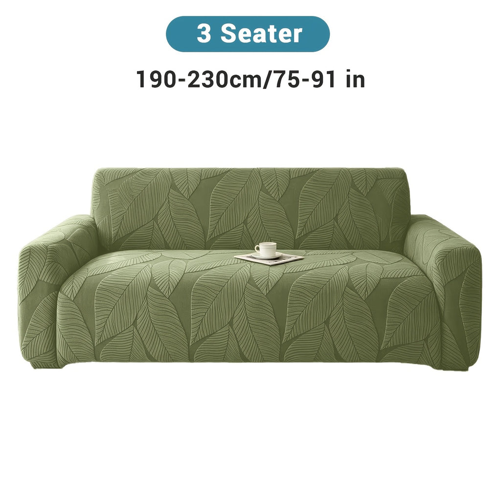 Housse de canapé extensible en polaire jacquard à motif feuillage, détail de l'ourlet