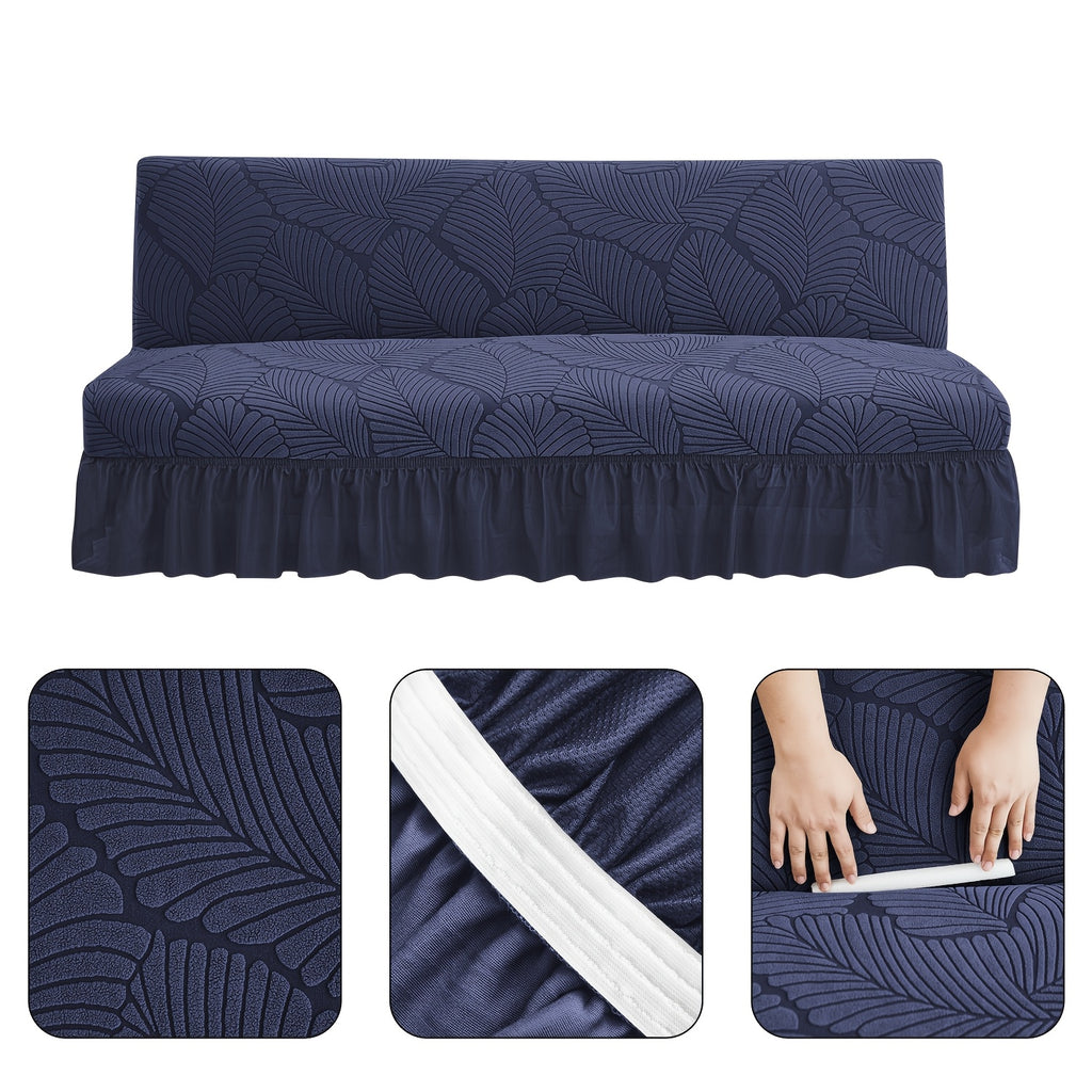 Housse de canapé extensible en jacquard à motif feuillage à volants, gros plan sur le tissu