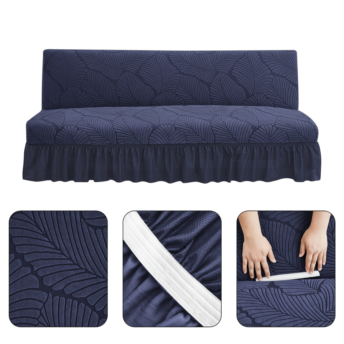 Housse de canapé extensible en jacquard à motif feuillage à volants, gros plan sur le tissu