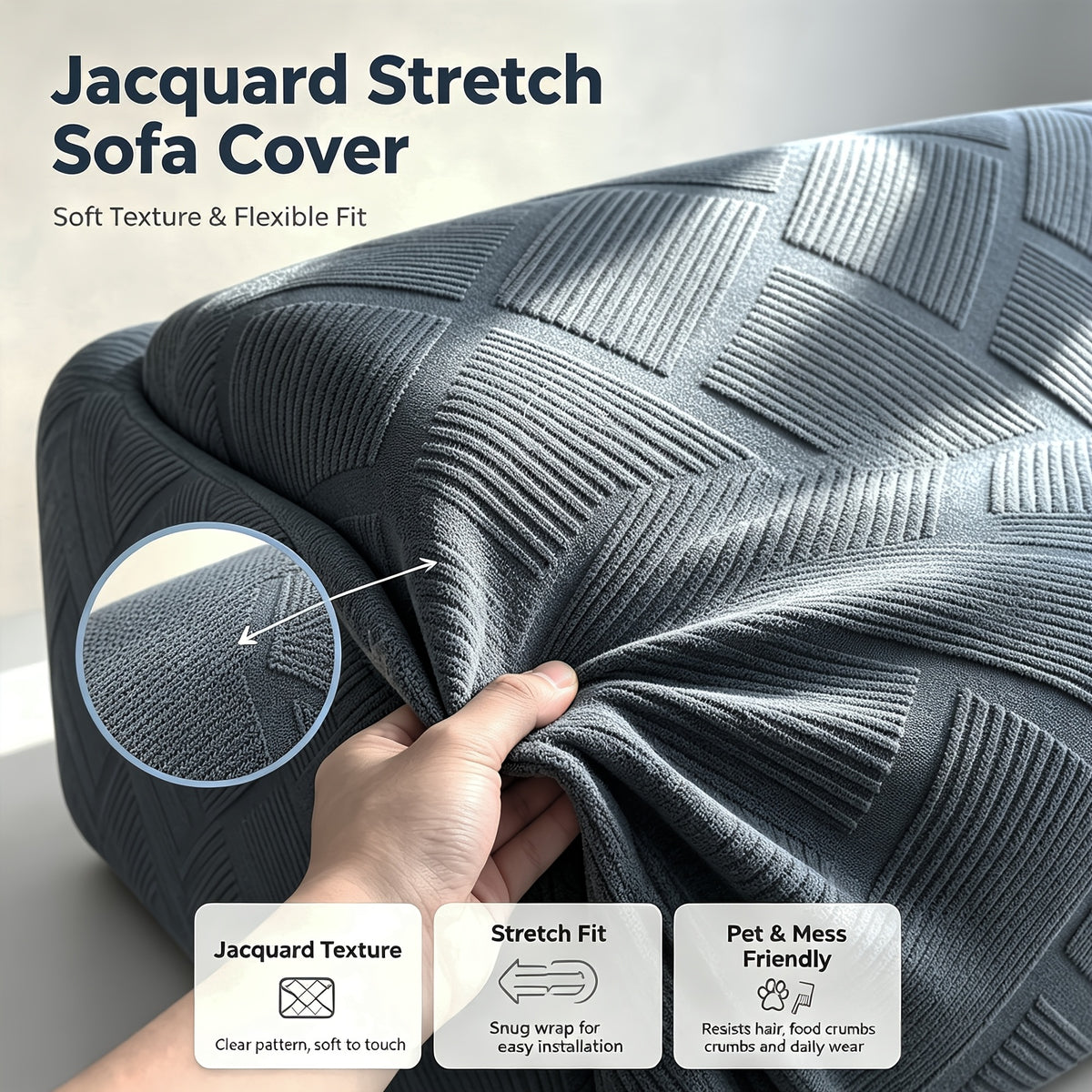 Housse de canapé extensible en polaire jacquard à rayures, gros plan sur le tissu