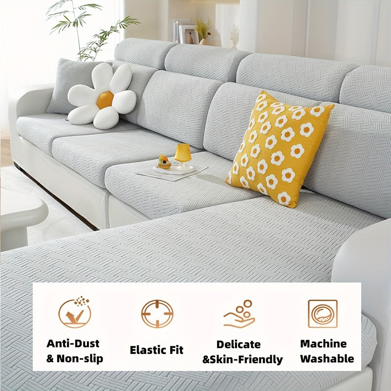 Housse de canapé épaisse extensible en polaire jacquard anti-griffes, détail de l'ourlet