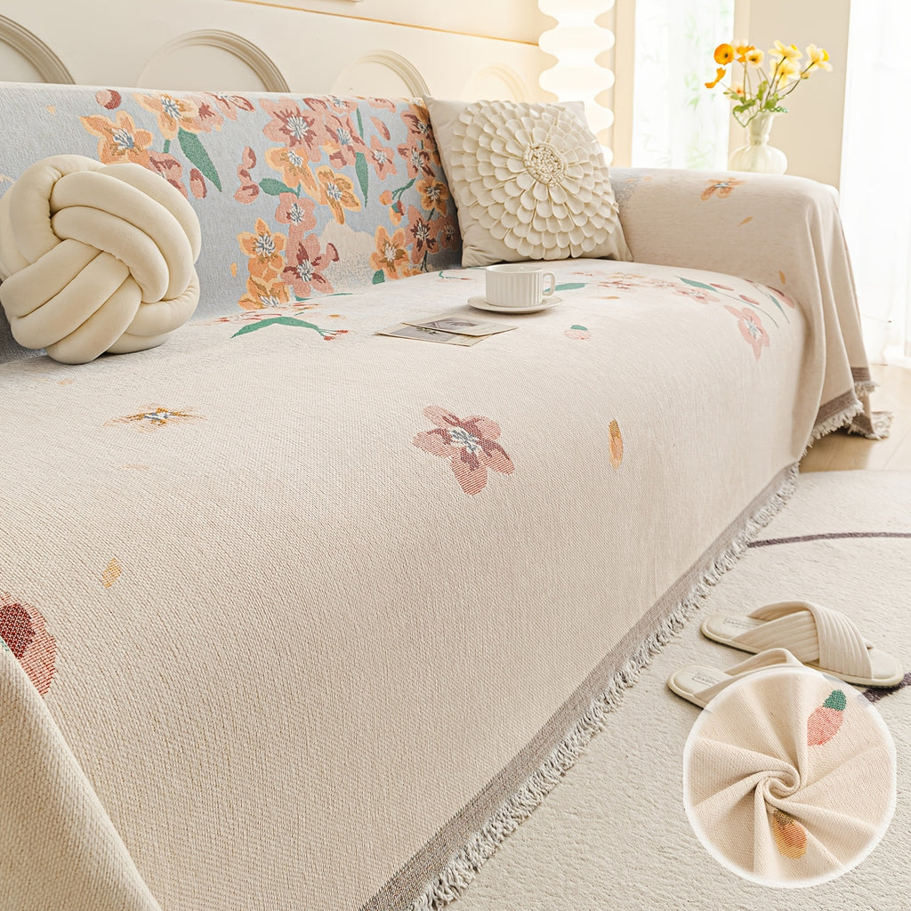 Housse de canapé en chenille jacquard à motif fleuri antidérapante, visuel produit