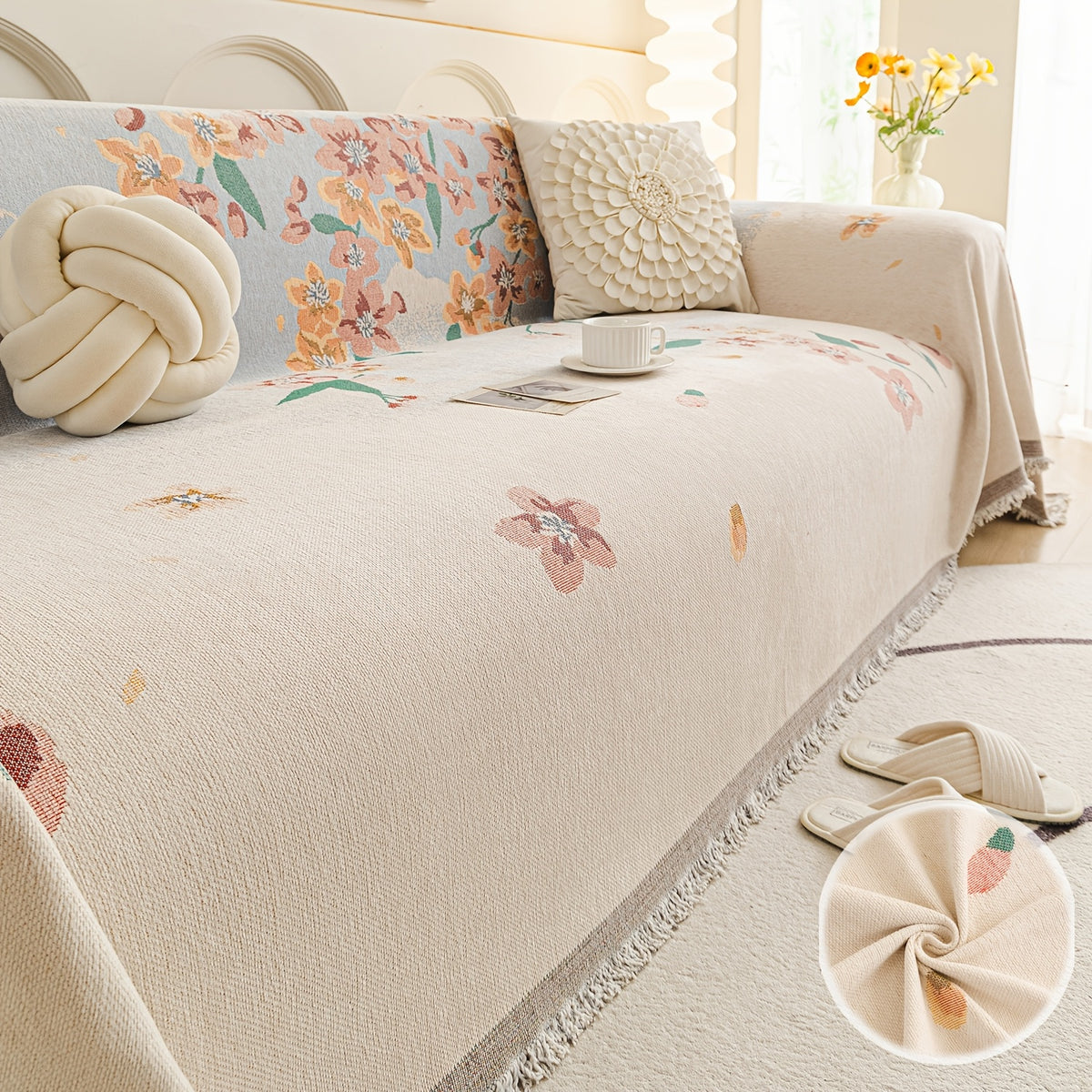 Housse de canapé en chenille jacquard à motif fleuri antidérapante, visuel produit