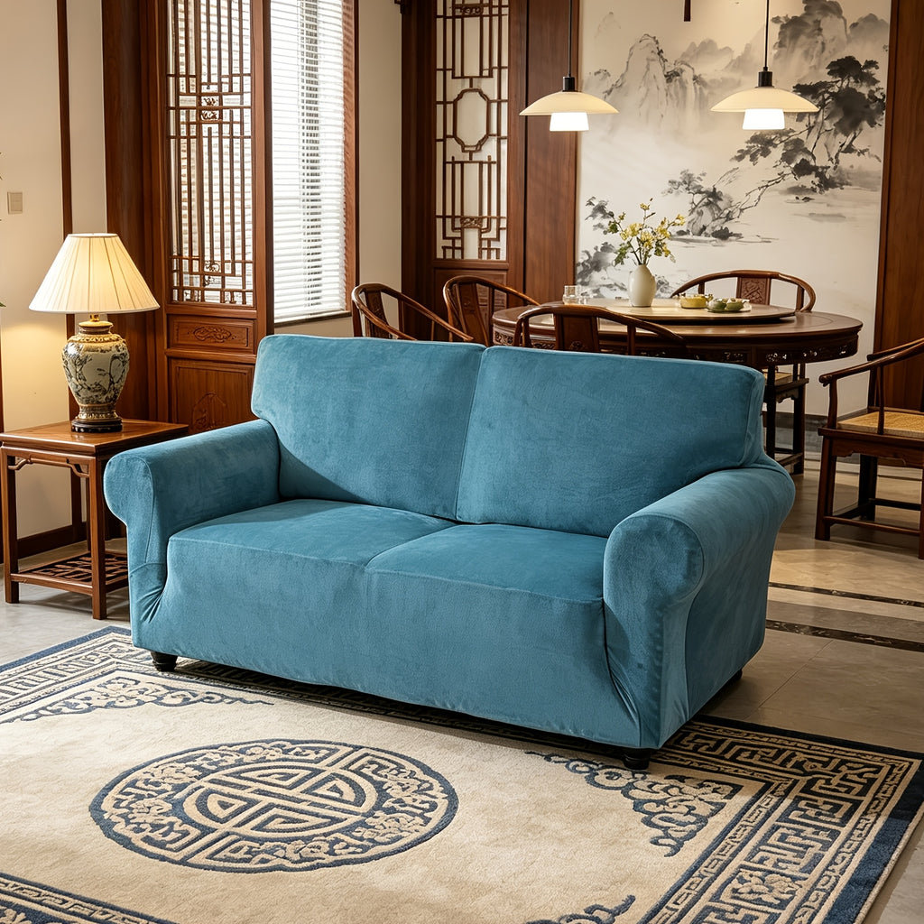 Housse de canapé extensible en velours, détail de l'ourlet