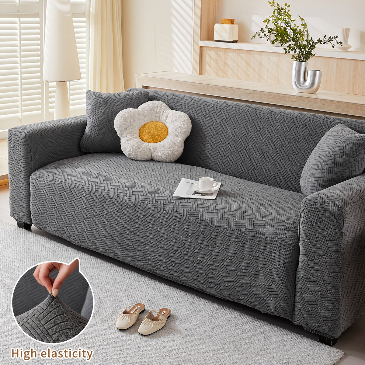 Housse de canapé épaisse extensible en polaire jacquard — détail de la matière : polaire