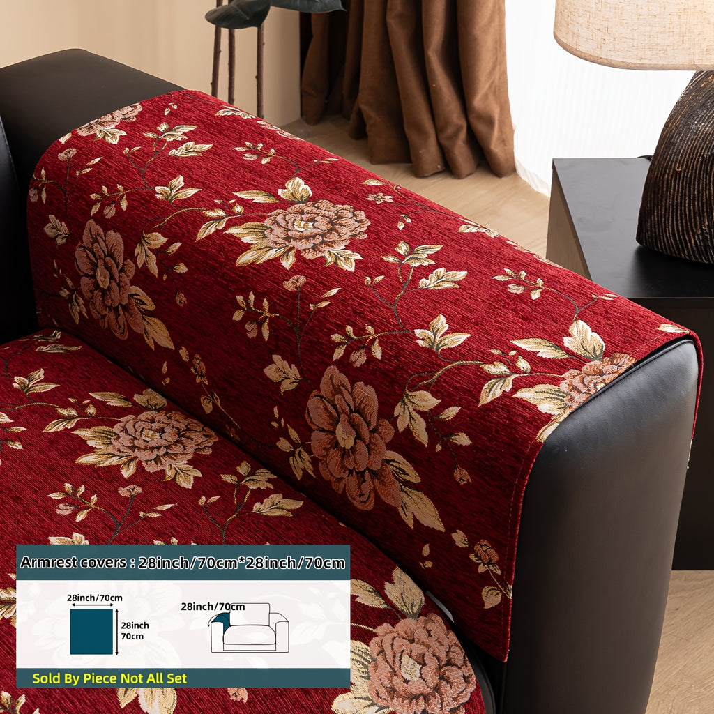 Housse de canapé en chenille jacquard à motif pivoine antidérapante, mise en situation