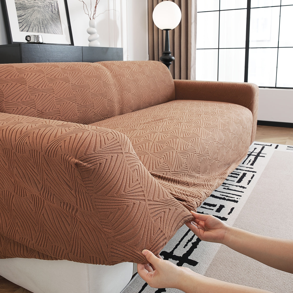 Housse de canapé extensible en polaire jacquard à rayures antidérapante, vue d'ensemble