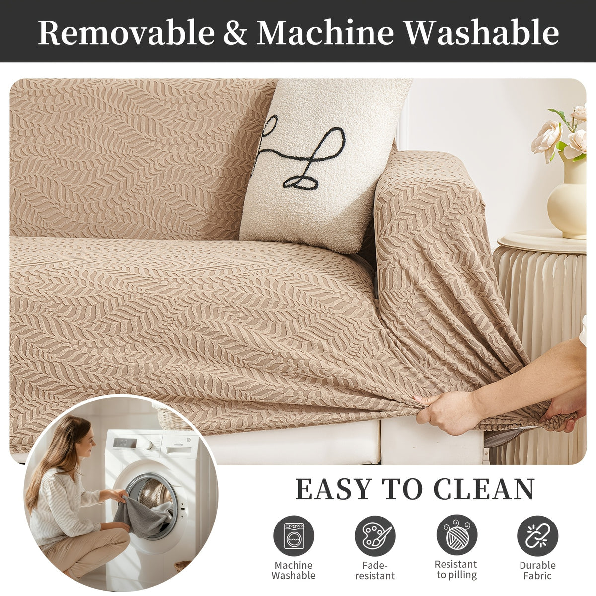 Housse de canapé extensible en polaire jacquard à motif feuillage, mise en situation