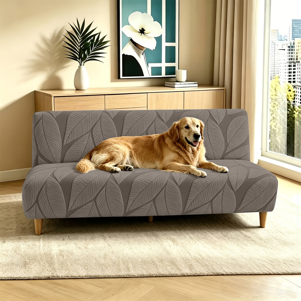 Housse de canapé extensible en polaire jacquard sans accoudoirs, détail de la finition