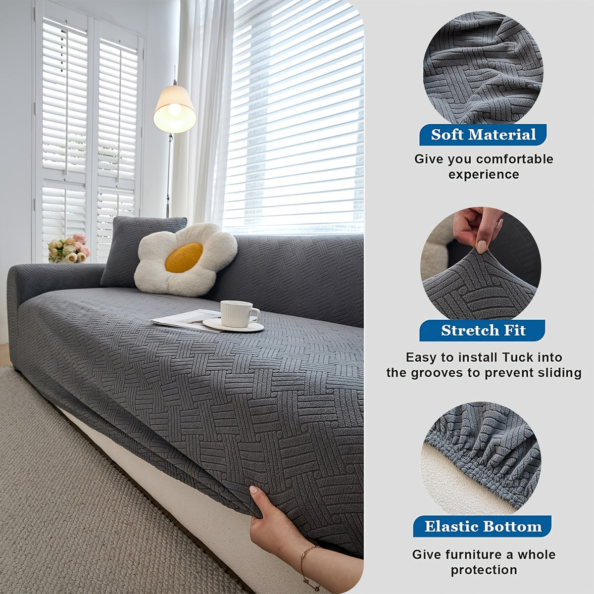 Housse de canapé extensible en polaire jacquard à rayures, détail de la finition