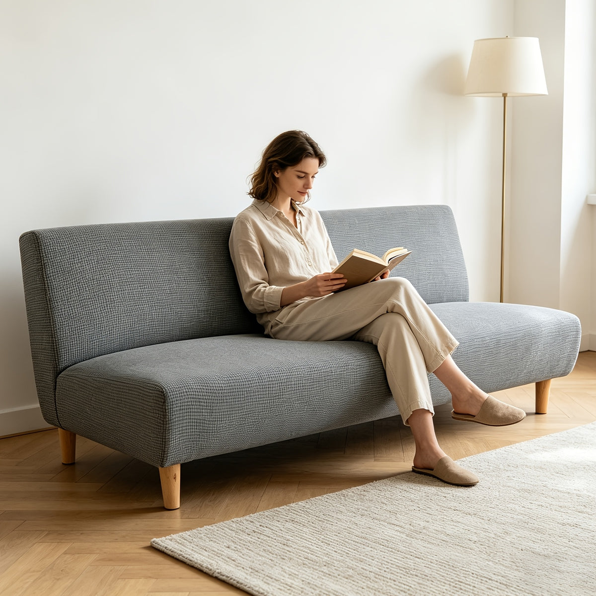 Housse de canapé extensible en polaire jacquard à carreaux sans accoudoirs, autre coloris