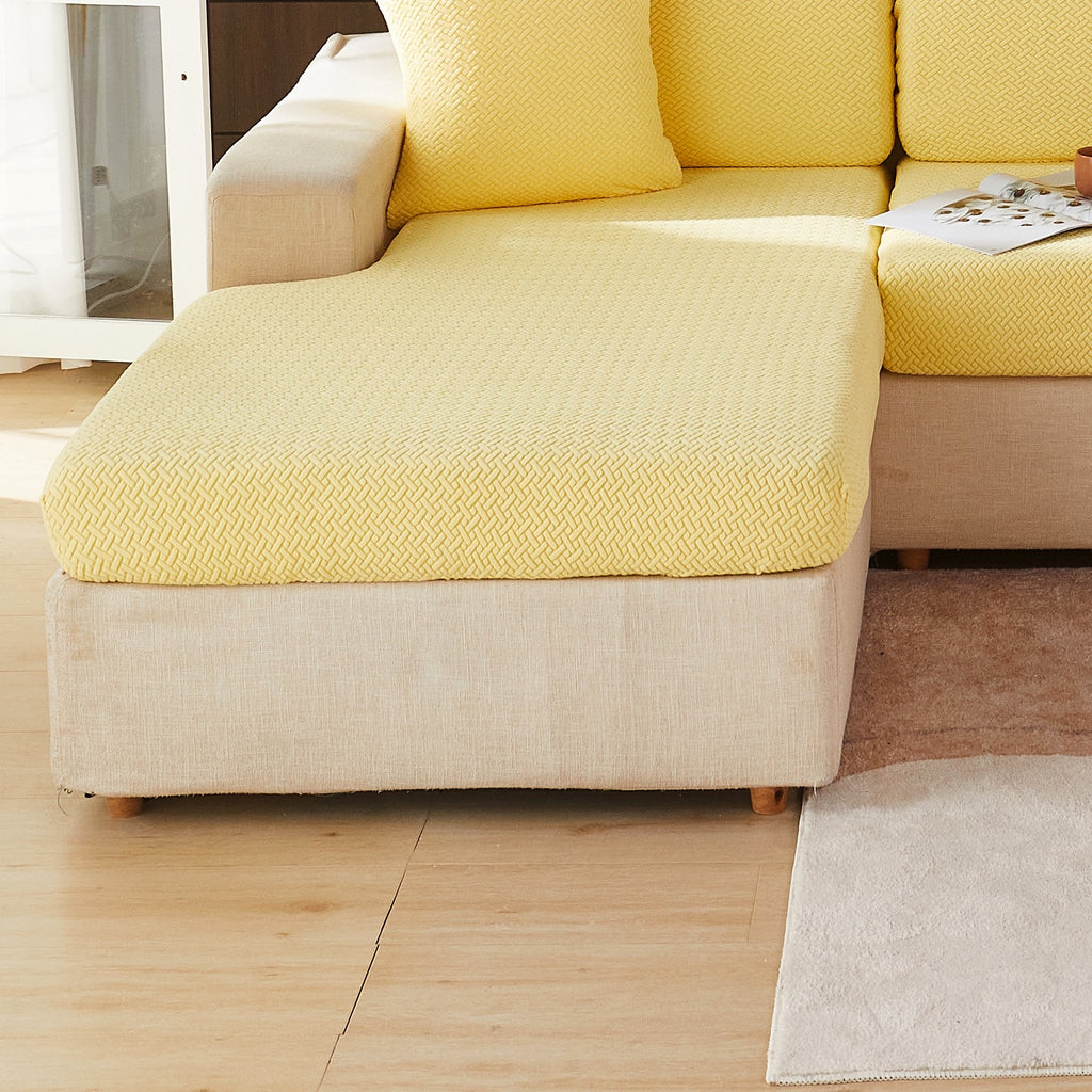 Housse de coussin extensible en polaire jacquard, détail de l'ourlet