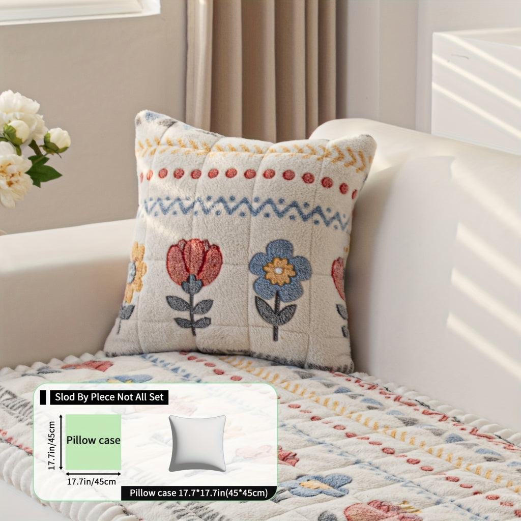 Housse de coussin en peluche à motif fleuri antidérapante, gros plan sur le tissu