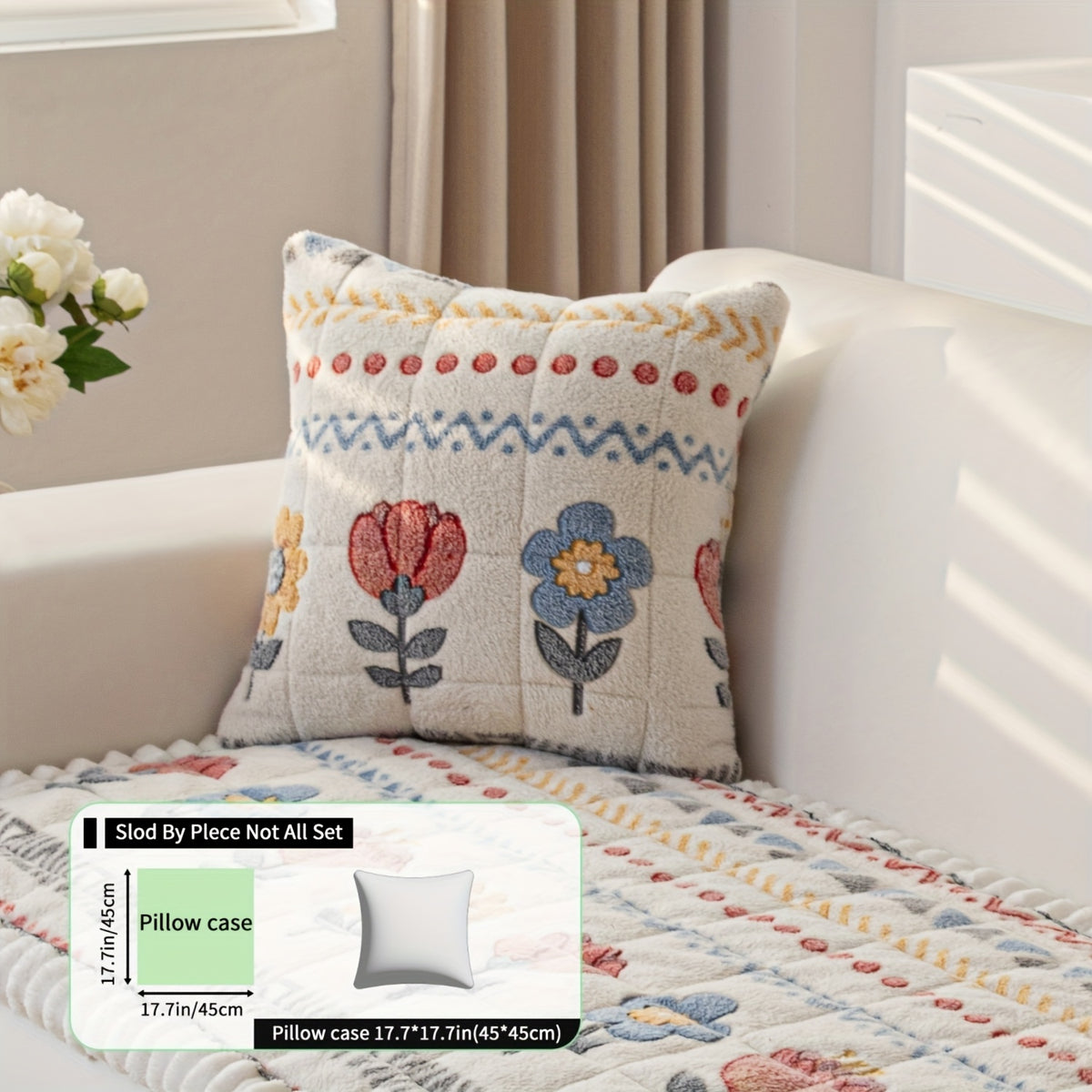 Housse de coussin en peluche à motif fleuri antidérapante, gros plan sur le tissu