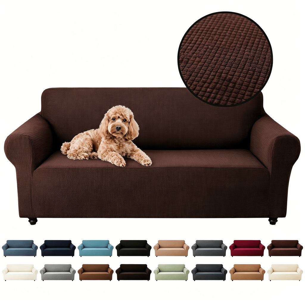 Protection de canapé extensible en polaire jacquard pour canapé trois places, vue de dos